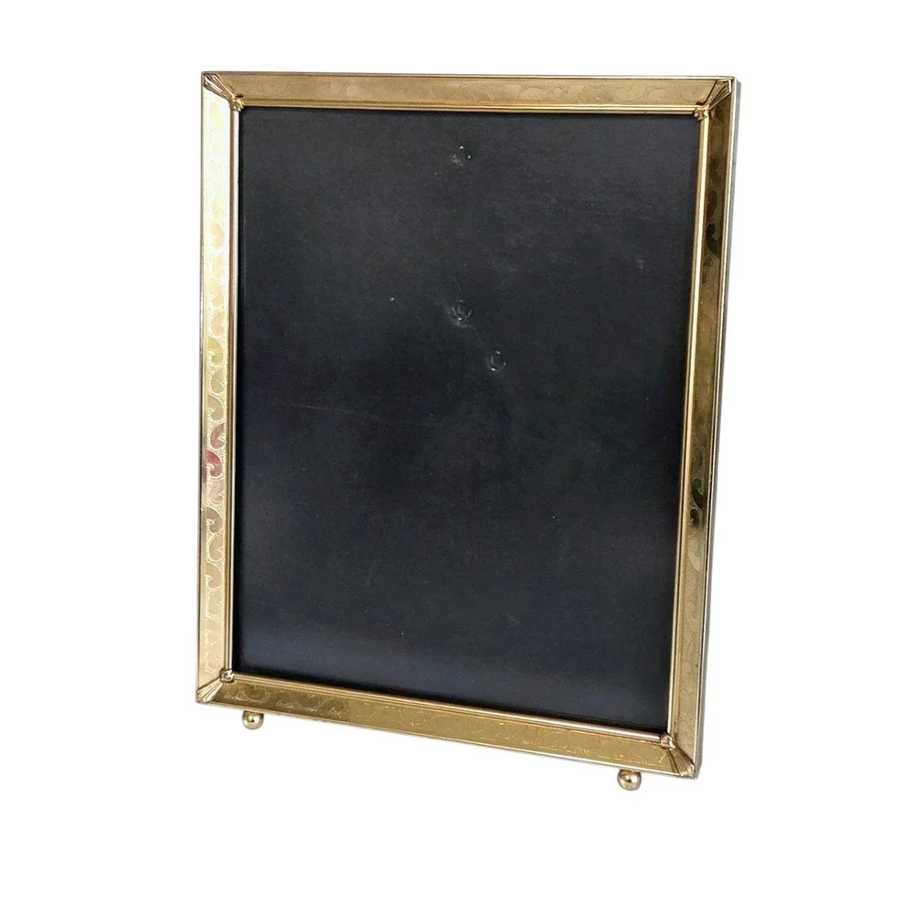 Vintage Etched Scroll Brass Picture Photo Frame 8x10 Shiny Gold Tone Footed MCM